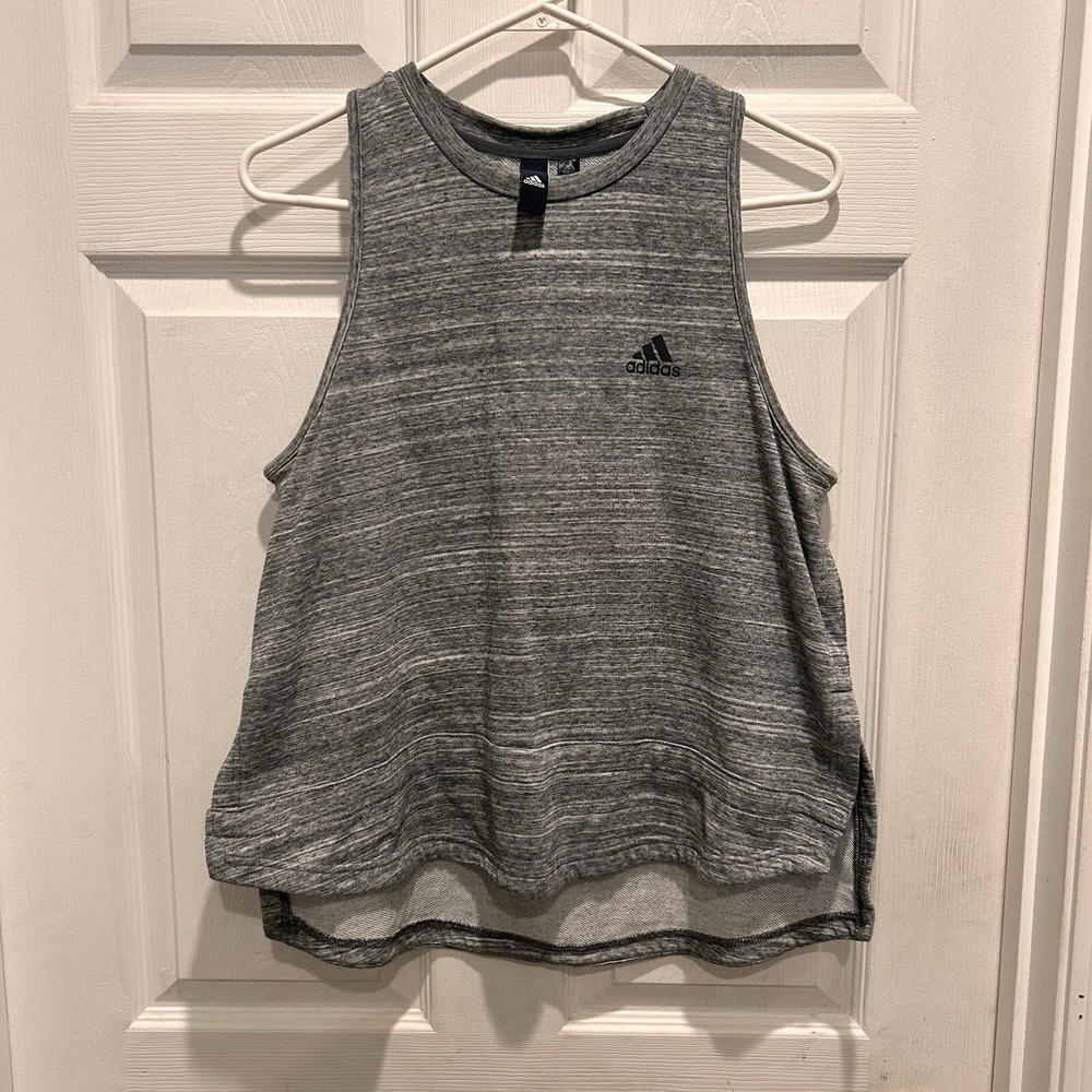 Adidas Womens Gray Heathered French Terry Sleeveless High-Low Muscle Tank‎ Top L